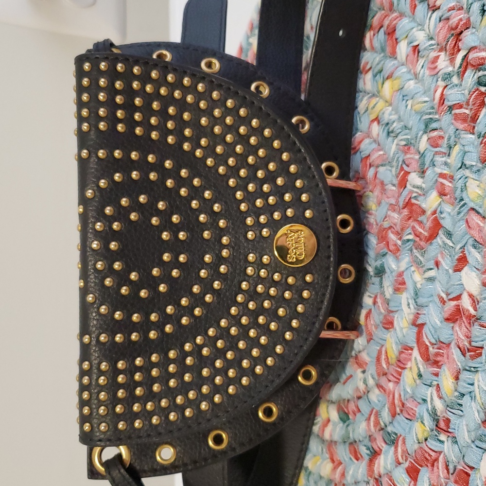 See By Chloe Black Leather Studded Crescent Crossbody with Gold Hardware